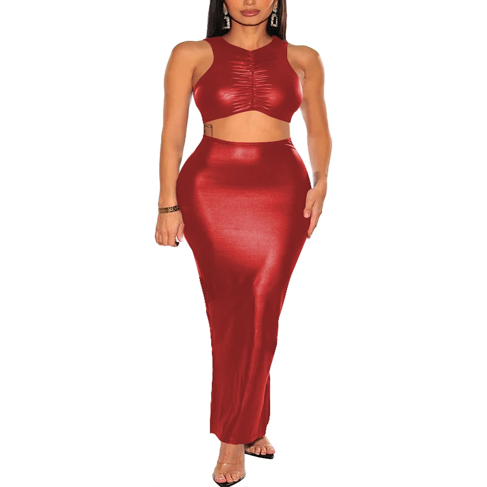 Plus Size Pure Color Women Two-Piece Set Fashion Croped Vest Top and Long Skirt Fashion Skirt Set Sexy Bodycon Club Party Outfit