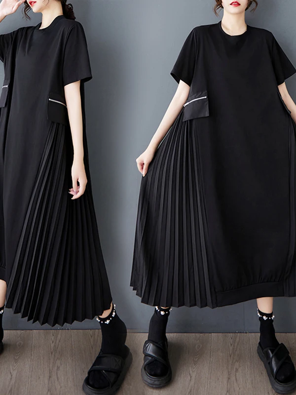 Coreano Sle rotondo Ne Loose Zipper Splice ort Sve Dr Donna Vintage A-Line Midi Dr Primavera Estate Autunno