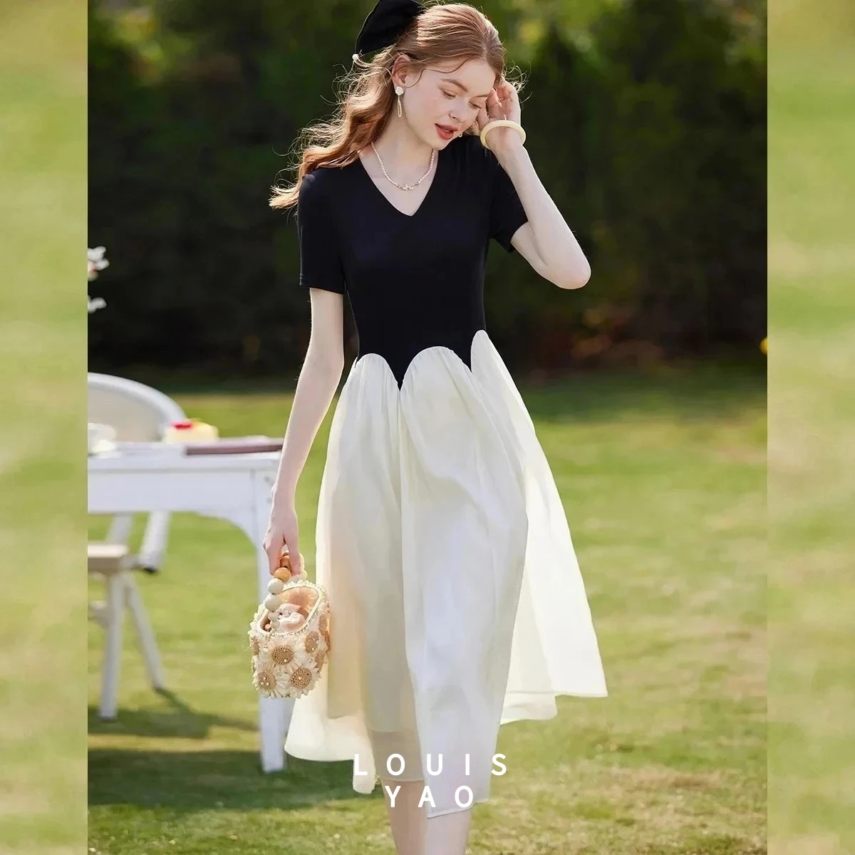 

Платье макси LOUISYAO с цветовыми блоками и V-образным вырезом, летнее, 2025, женское, элегантное, повседневное, длинное