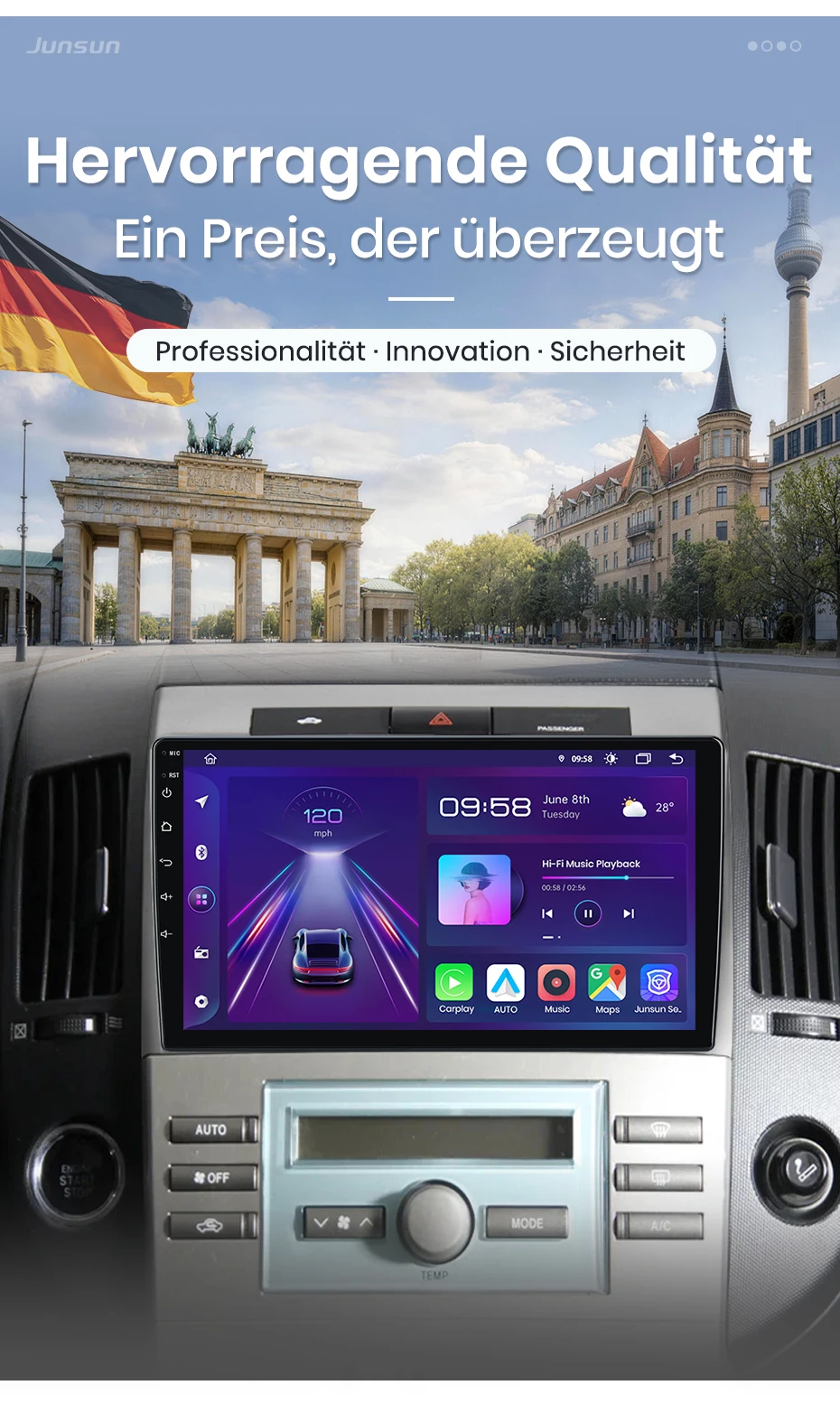Junsun 9-Zoll Android 15 Autoradio für Toyota Corolla Verso 2004-2009, kabelloses Apple CarPlay, Auto-IPS-Touchscreen, Stereo-Multimedia-Videoplayer, intelligente Fahrzeugsysteme, 2-DIN-Autoradio-Haupteinheit, GPS-Navigation, BT, 4G, WLAN, FM, DSP, RDS, SWC, DAB+ – Detail 2