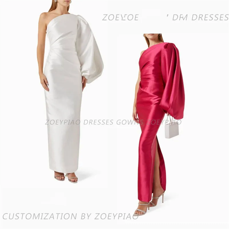 Vestidos de Noche plisados de satén para mujer, vestidos de un hombro con abertura en la espalda, vestidos de fiesta de noche para celebridades, vestidos de graduación, blanco y rosa