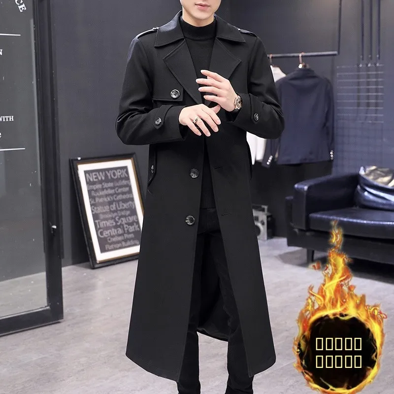 

Men's Long Overcoat Winter Thiened Cotton Blend Leather Jaet Knee-Length Windbreaker Faion Urban Sle Single Button Cl...