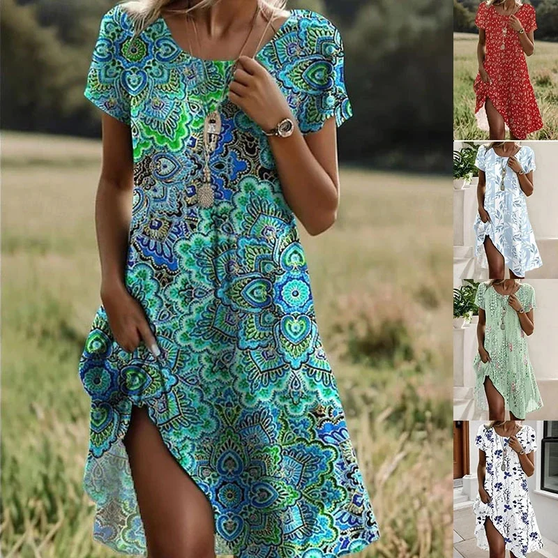 Boho Print Dress Lady Fashion O Neck Short Sleeve Loose Dresses For Women Casual Holiday Beach Skirt Robe Femme Summer New Dress