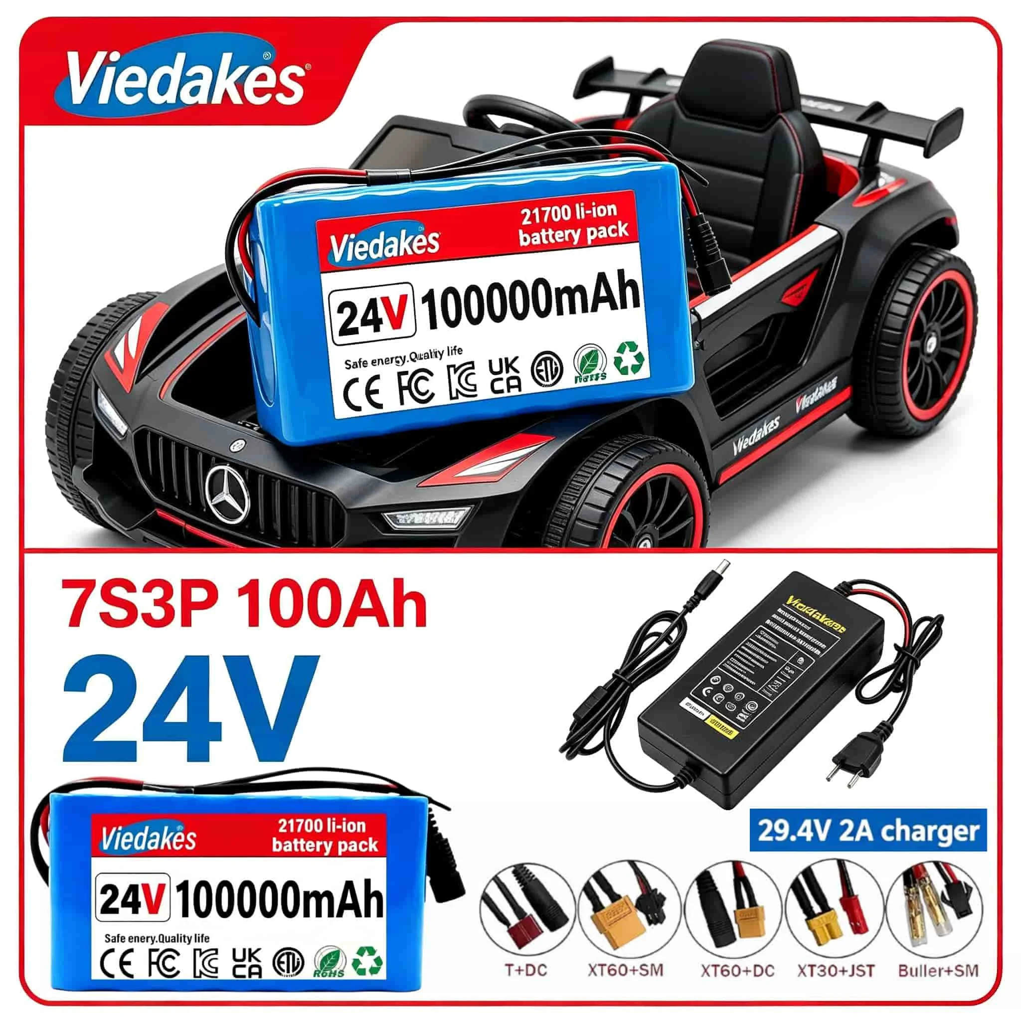 Multi-protection BMS Viedakes 7S3P 24V 100Ah Battery Pack 21700 Cells For Solar Panel RV Kids Electric Toy Car Power Supply
