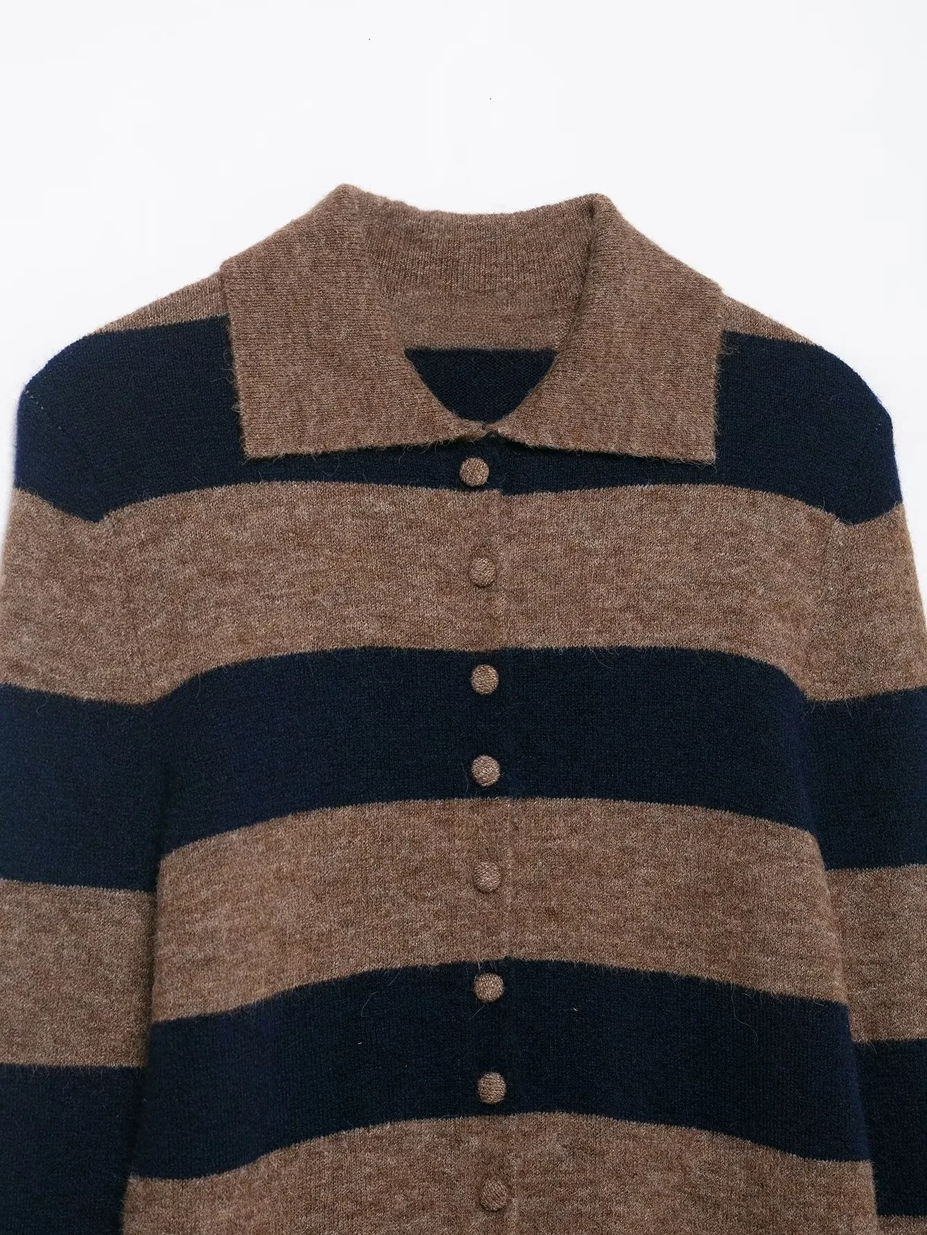 เสื้อโค้ทไหมพรมแขนยาว คอปกโปโล ลายทาง ติดกระดุมแถวเดียว สไตล์ลำลอง เรียบง่าย ใช้งานได้หลากหลาย สำหรับผู้หญิง ฤดูหนาว ปี 2025