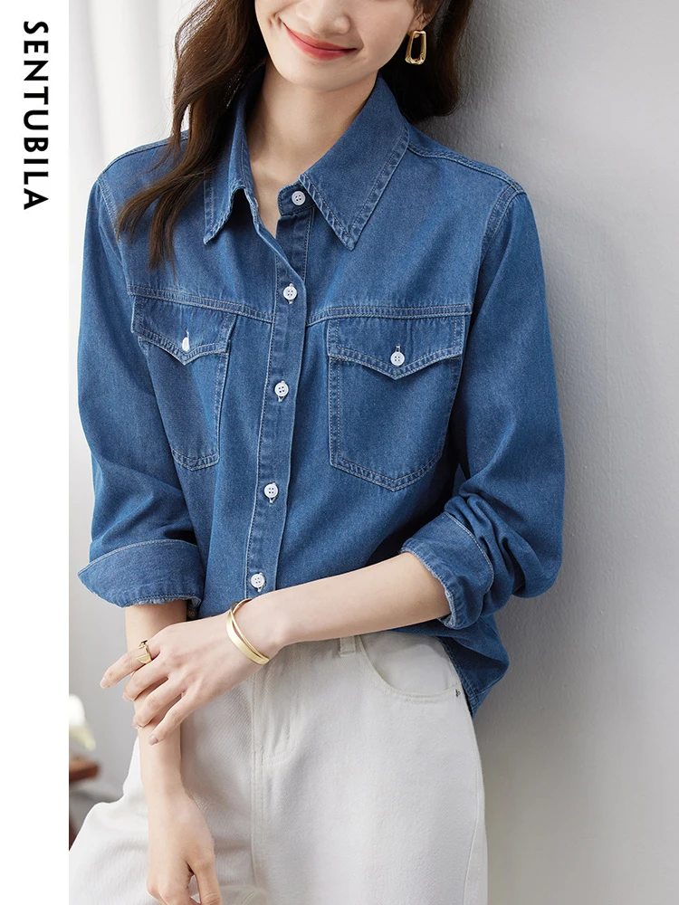 SENTUBILA New Denim Shirt Jacket Women 2024 Spring Autumn Fashion High Quality Jeancoat Female Button Up Shirts Top W43C58398X