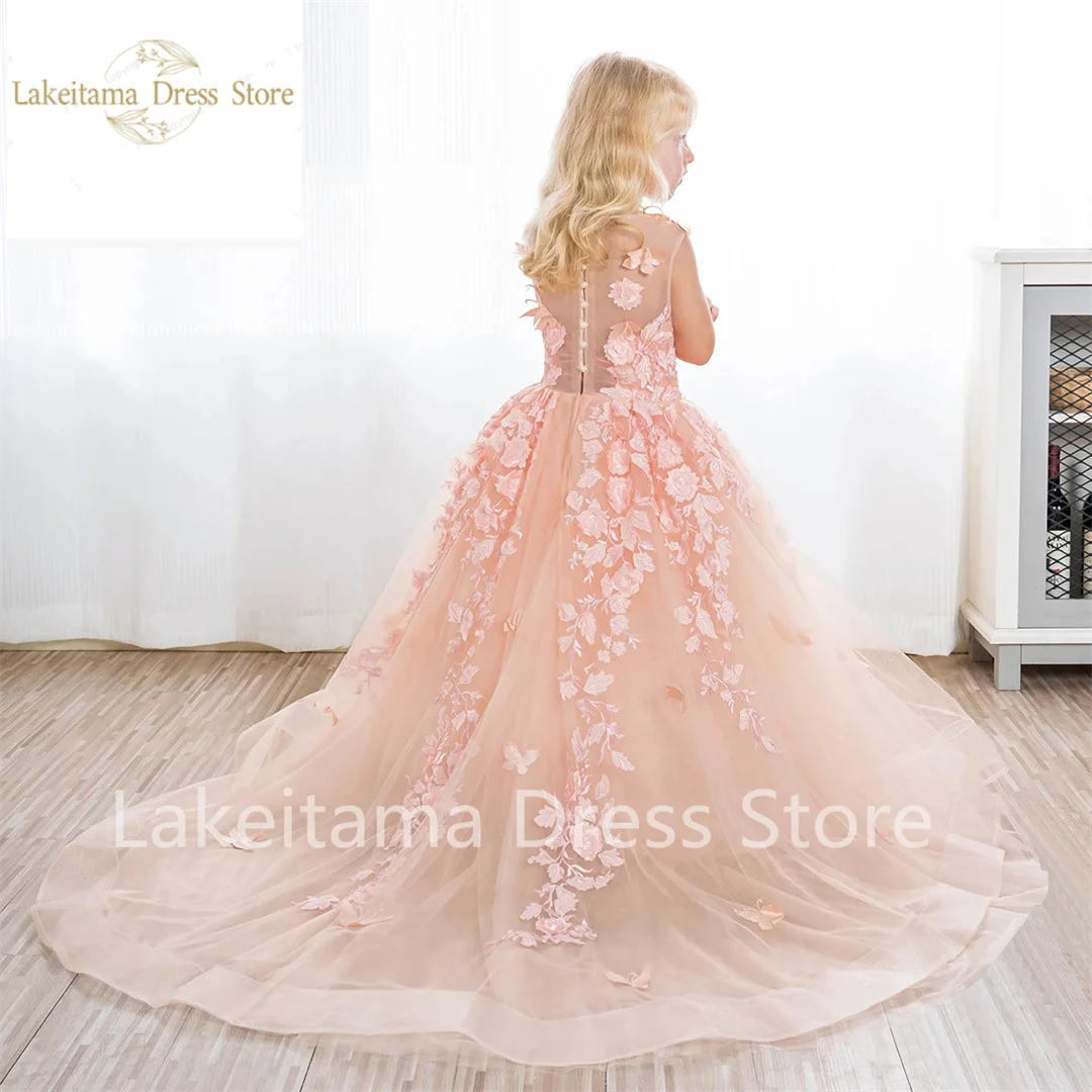 

Princess Pink Flower Girl Dress For Wedding Sleeveless O-neck Tulle Puffy Floor Length With Butterfly Kids Birthday Ball Gown