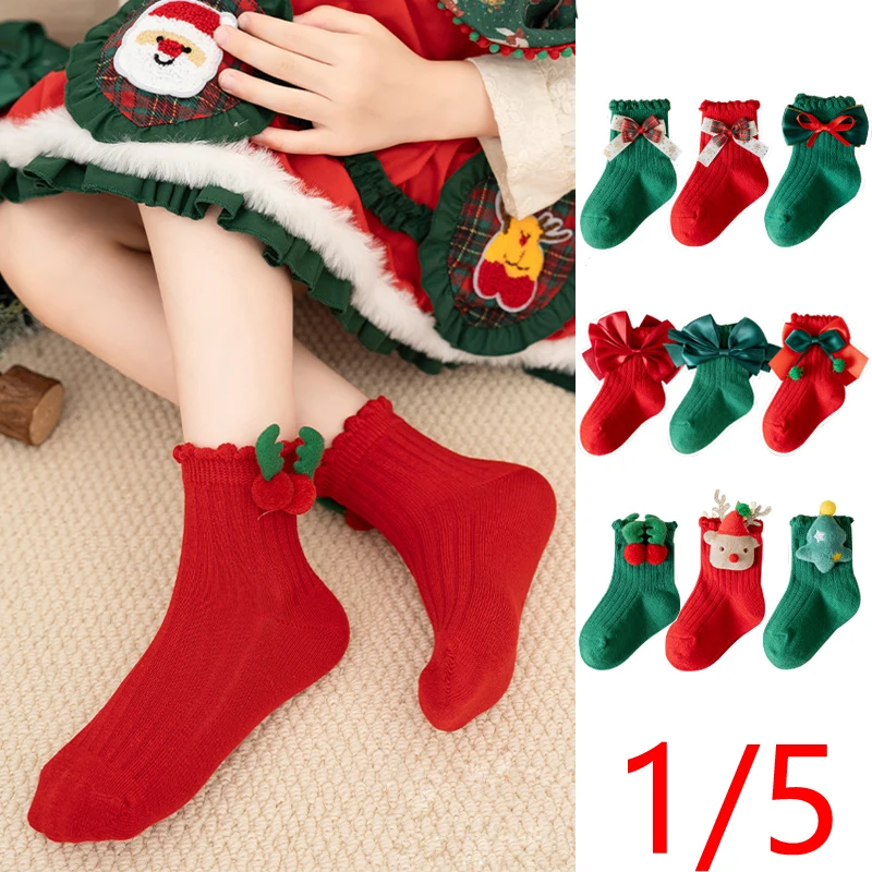 1/5 Pairs Kids Christmas Socks For Girls Winter 2026 New Baby Children Cute Cartoon Deer Bowknot 3D Appliques Xmas Cotton Sock