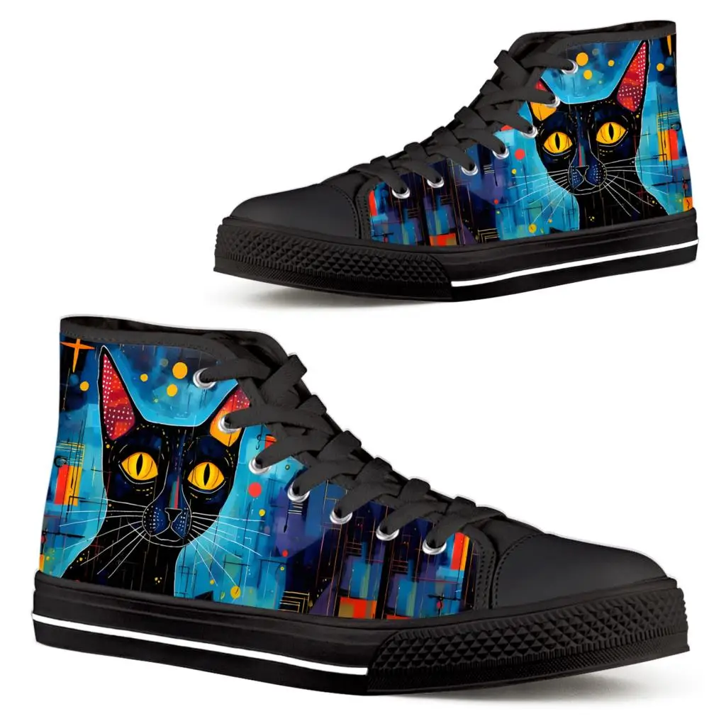 ELVISWORDS Women's Shoes Black Cat Hand Painted Printed Comfortable Flat Shoes Cartoon Cat Designer High Tops Girls Tennis Shoes