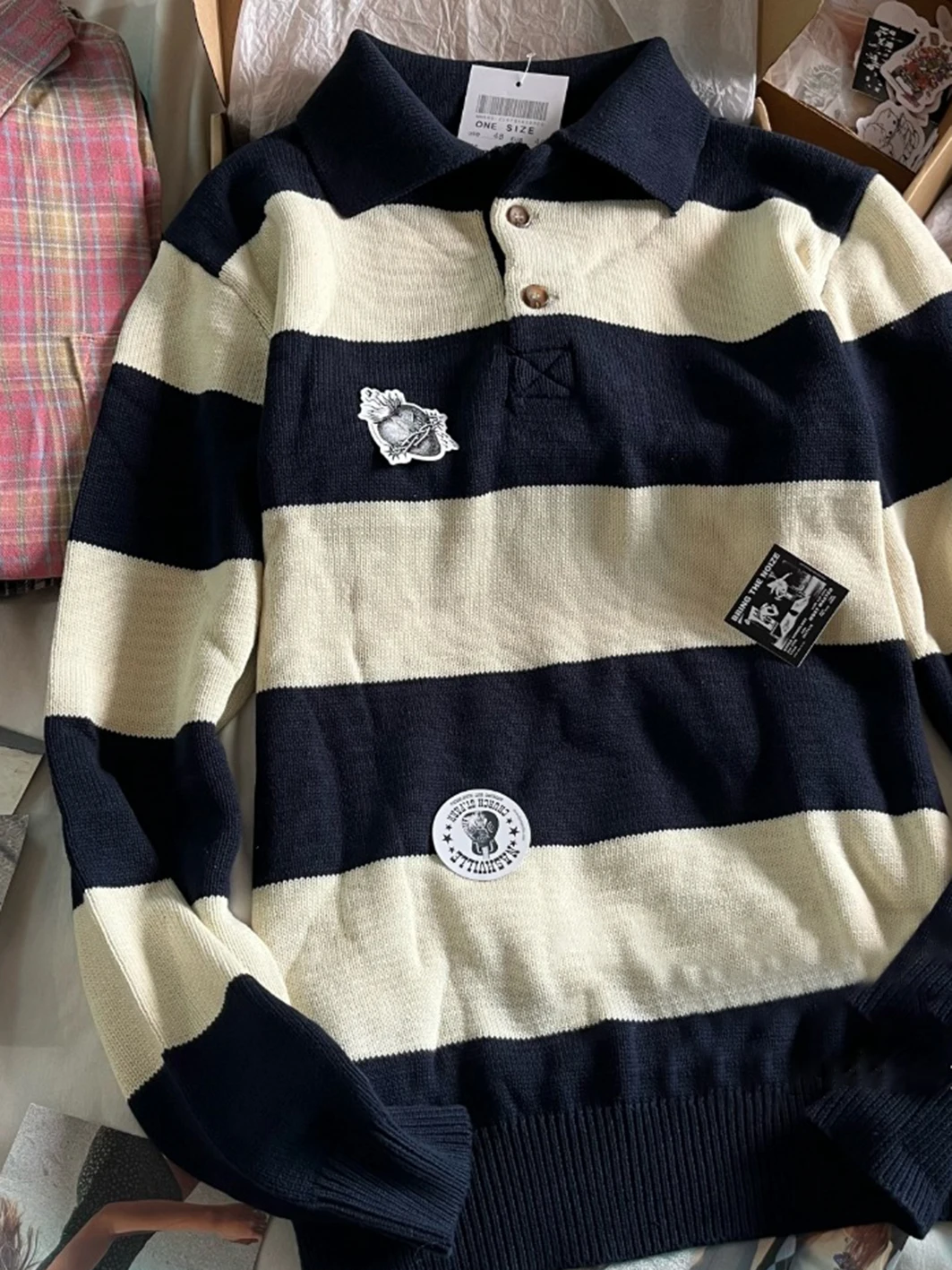 Vintage Stripes Sweet Sweater Woman Autumn Buttons Lapel Long Sleeve Pullover Preppy Style Casual Streetwear Jumper Sweaters Top