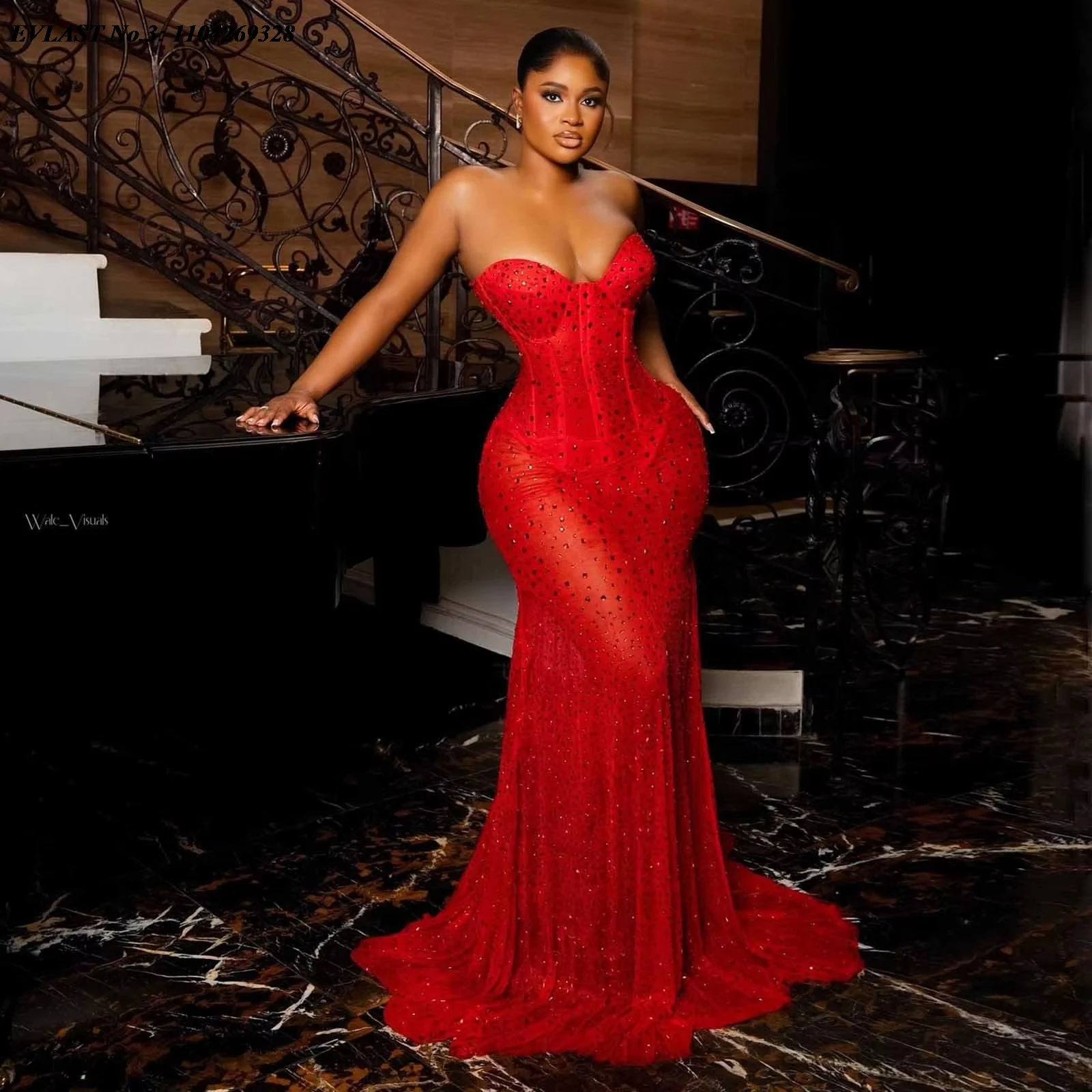 

EVLAST Customized Stunning Red Beading Prom Dress African Red Carpet Dress Black Women Party Dress Beading Evening Gown E3P371