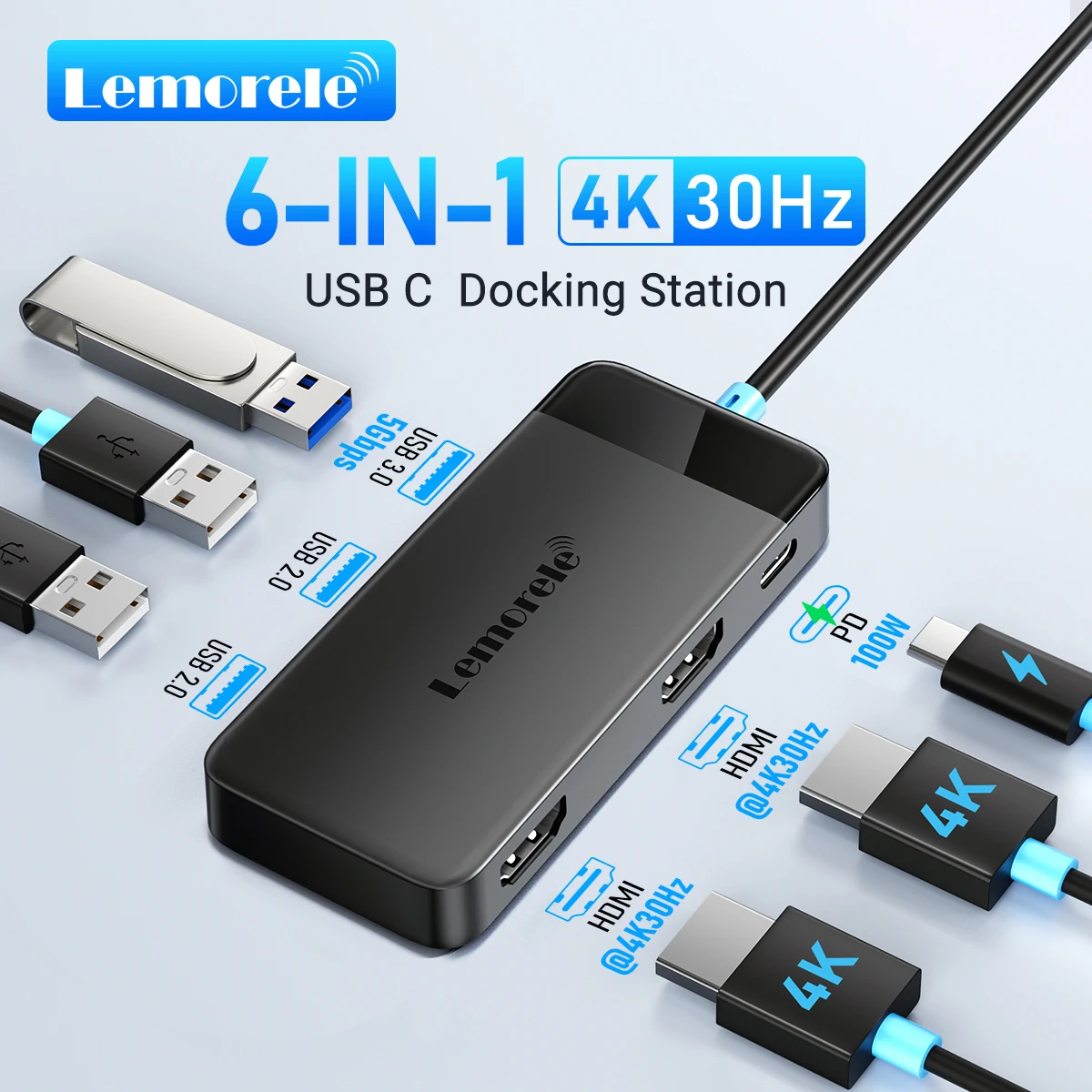 Lemorele TC122 USB-C-Hub Dual HDMI 4K Dockingstation USB 3.0 PD 100W Typ-C-Anschluss für Macbook iPad M2 M1 Steam Deck Laptop