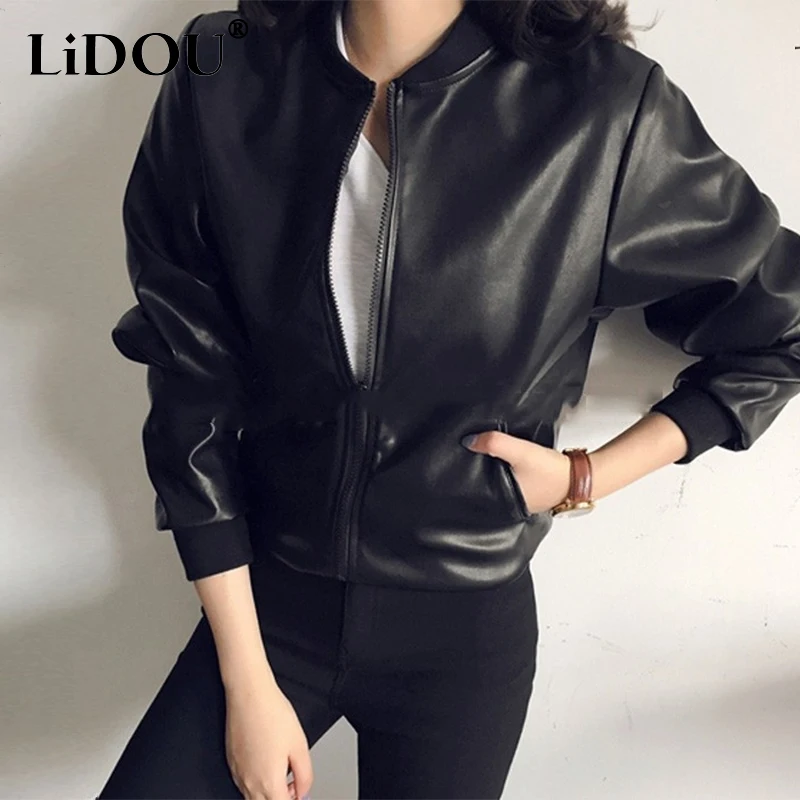 Autumn Winter Streetwear Black Stand Collar Zipper Fashion PU Jacket Women Harajuku Y2K Popularity Cardigan Coat Vintage Outwear