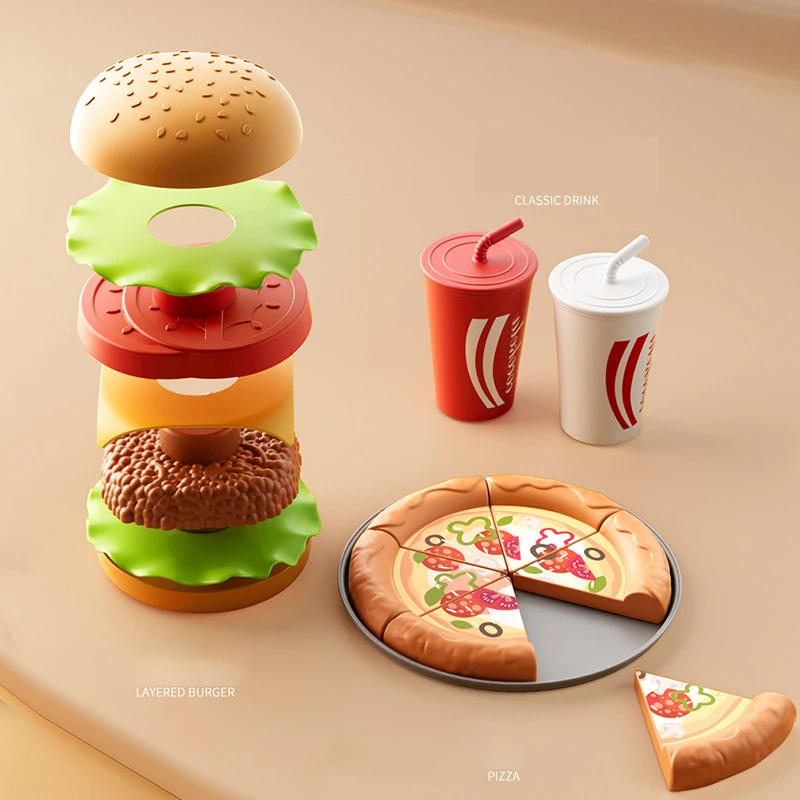 Kid Kitchen Toy Set Simulation Make Hamburger Pizza Fries Pretend Play Food Cooking Cutting Game Montessori Interactive Toy Gift