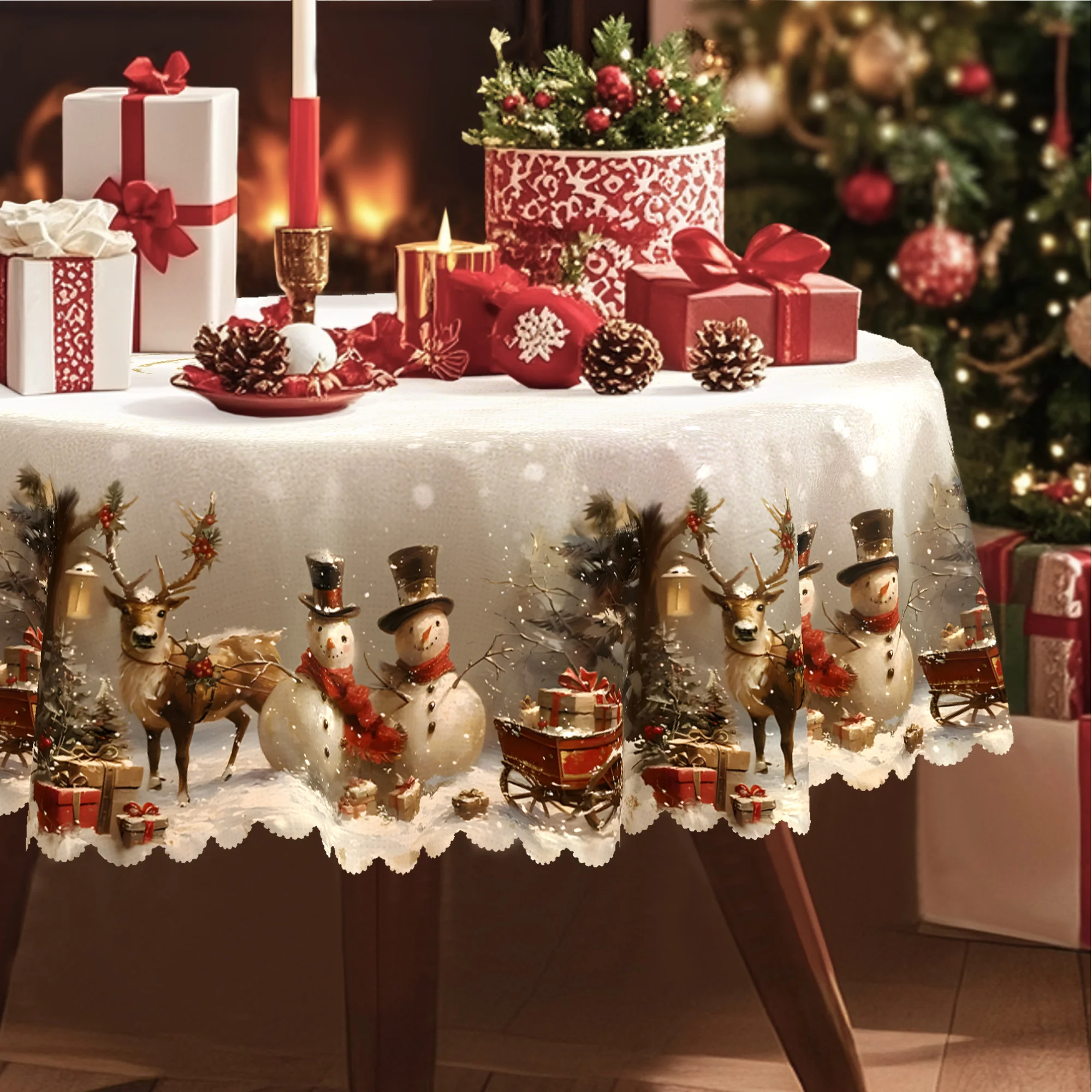 Merry Christmas tablecloth, vintage snowman gift reindeer Christmas tree snow design, with Christmas and winter decorations