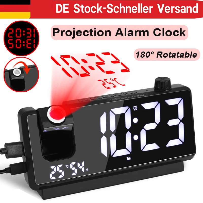 Reloj Despertador con Proyección, Pantalla LED Digital, Temperatura, Humedad, Fecha, Luz Nocturna, Reloj de Pared y Escritorio para Dormitorio