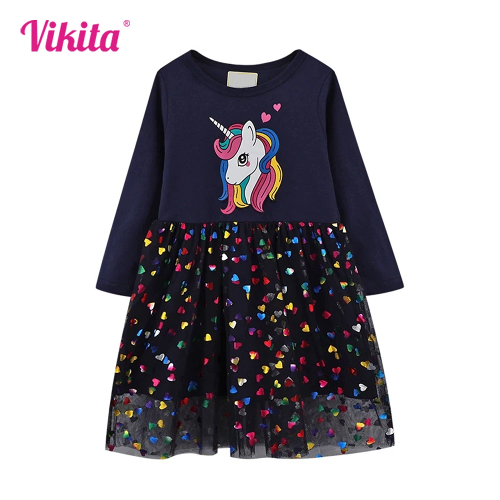 

VIKITA 2025 Children Clothing Girls Navy Blue Long Sleeve Autumn Spring Heart Shape Licorne Cartoon Mesh Tulle Princess Dresses