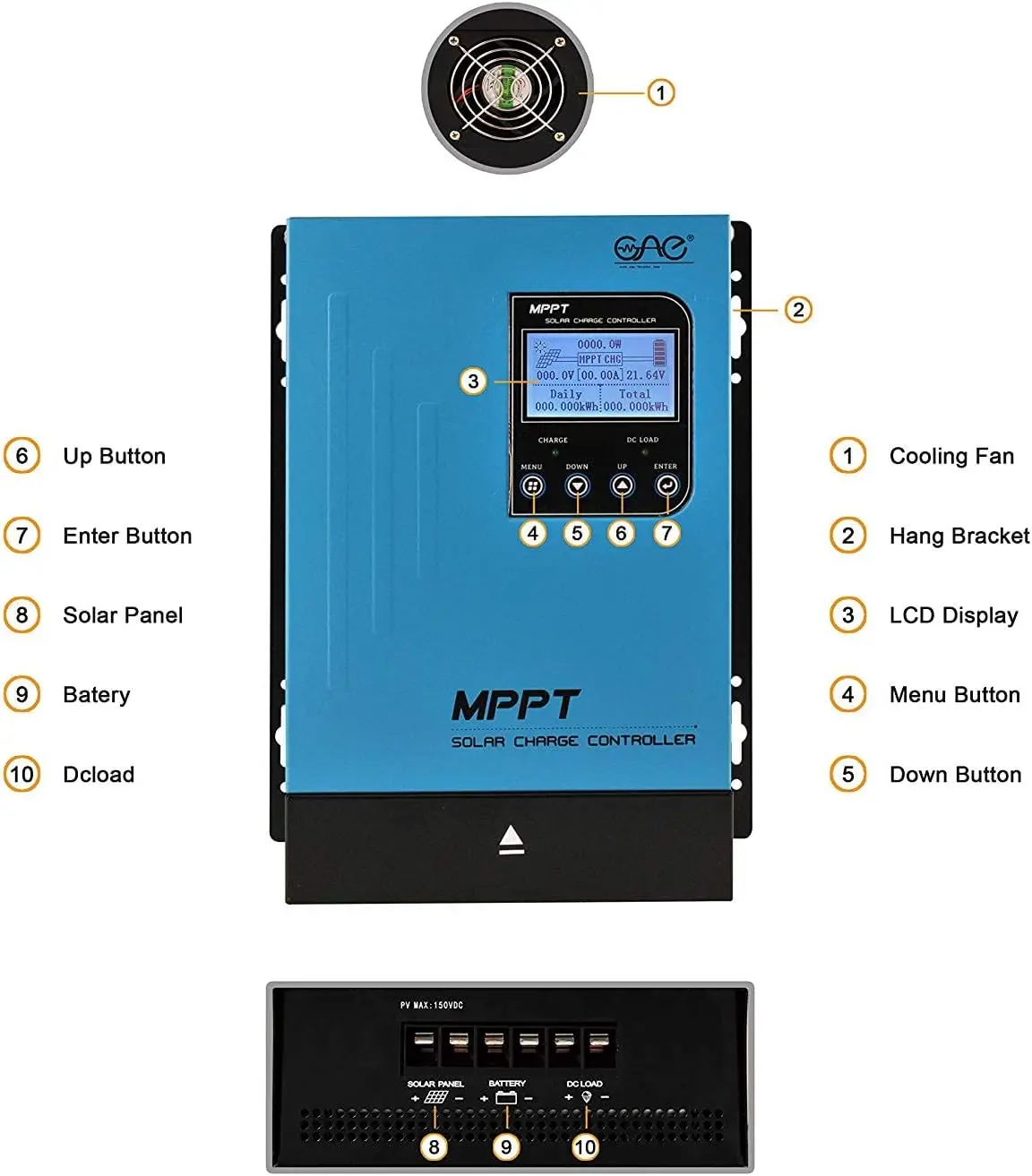 Imagem -03 - Controlador de Carga Solar Mppt Regulador de Bateria Automático Painel Solar Entrada Máxima 150v para Gel Selado de Lítio e Inundado 60a 12v 24v 48v