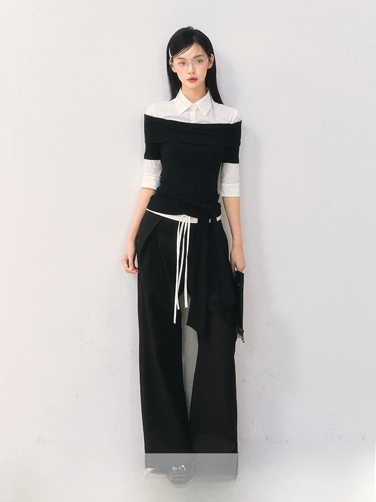 

Anna Cute Women's Casual Slimming Wide Leg Straight Cut Pants High Waist Tu Pleated Design Versatile White Suit Pants