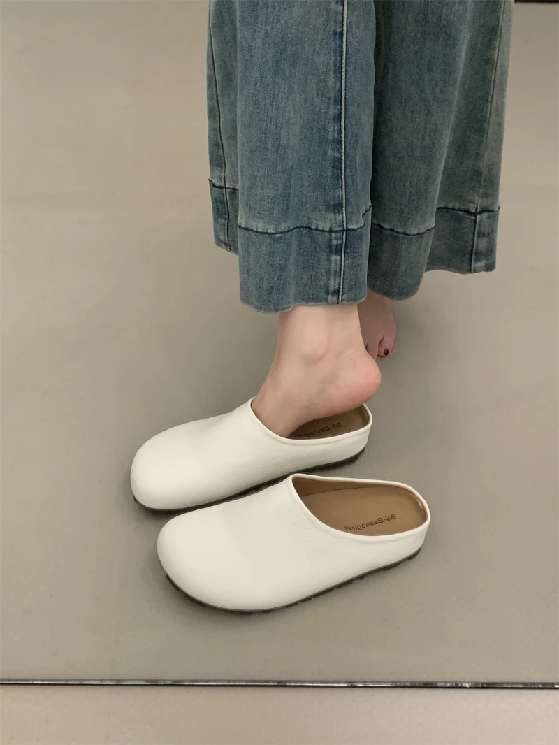 

2025 Shoes Simple Flat Muller Lazy Baotou Low Heel Half Slippers Women Outer Wear Leather Mules with Arch Support Unisex Outdoor