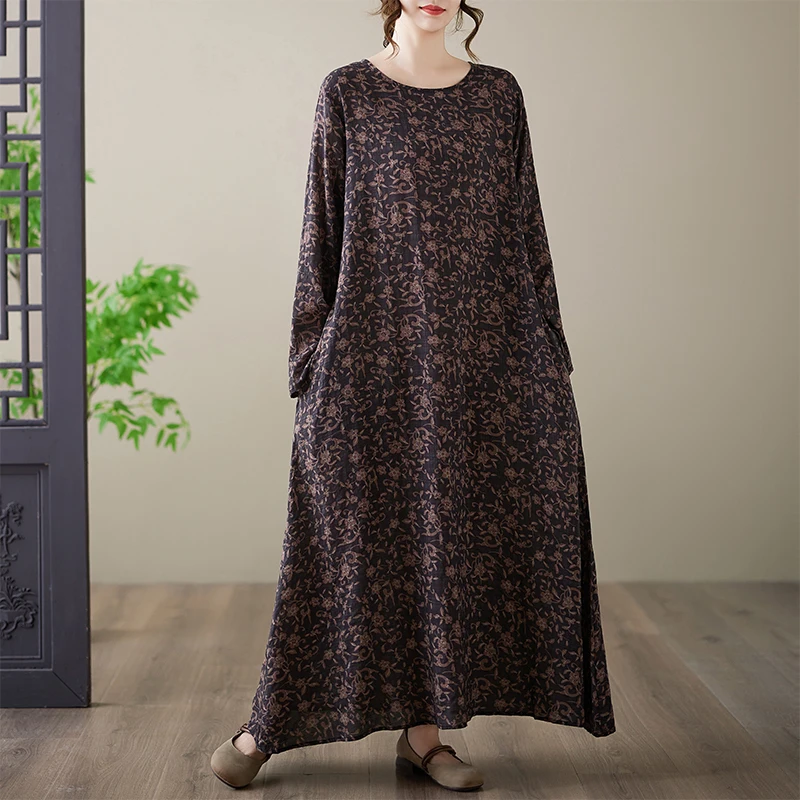 

High-End Anti-Aging Cotton Linen Print round Neck Loose plus Size Long Sleeve plus MM Extra Large Holiday Dress