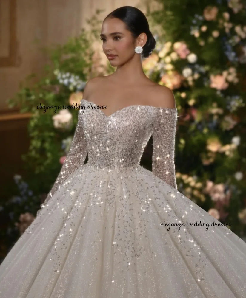Customized New Arrival Off the Shoulder Glitter Wedding Dress Long Sleeve Ball Gown Backless Robe de Mariée Vestido de novia