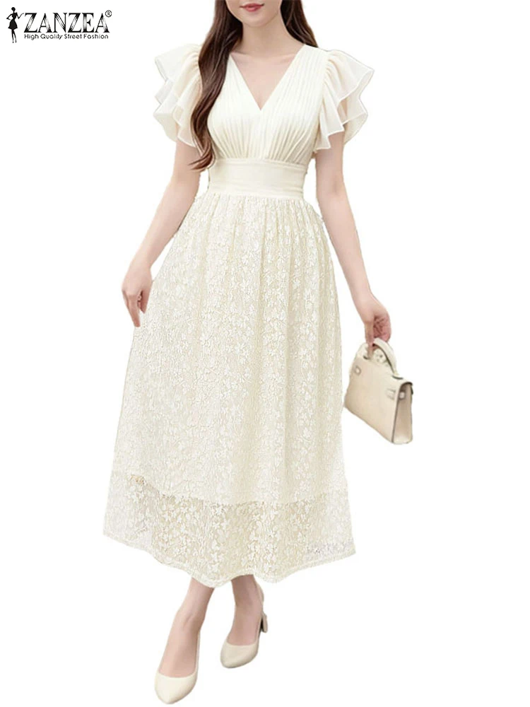 2025 ZANZEA Women Elegant Party Dress Stylish Lace Patchwork Sundress V Neck Waisted A Line Dresses Ruffled Sleeve Midi Robe
