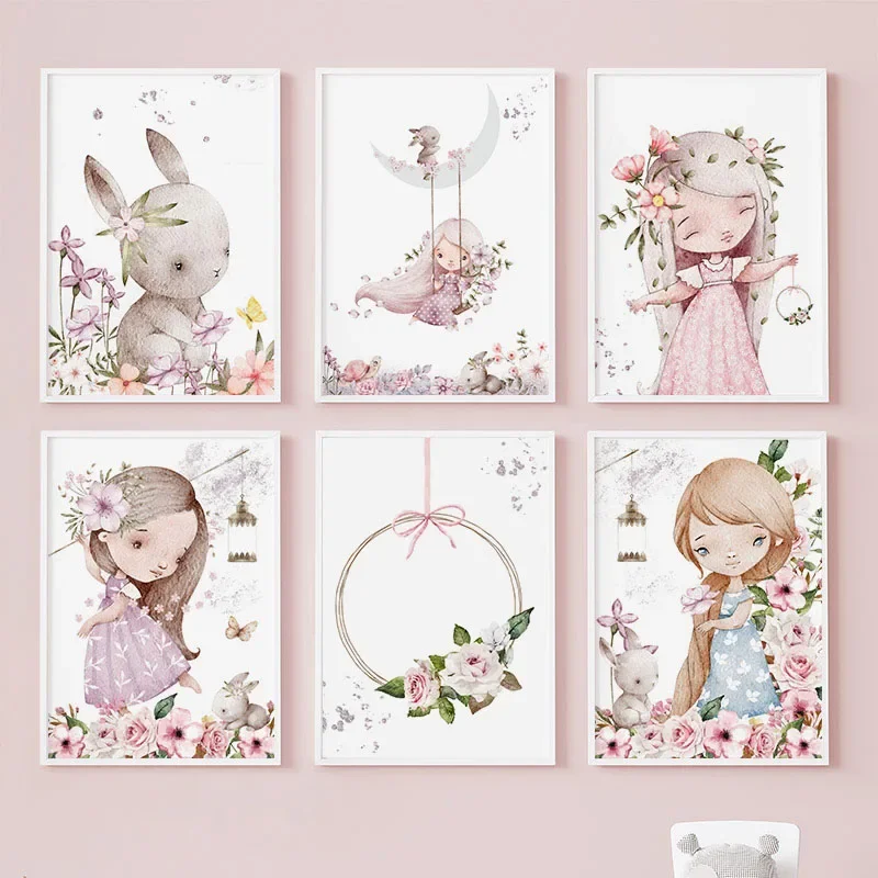 Multi-size 1PC frameless high-definition decorative paintings,Wall Art Canvas Painting Princess Girl Rabbit Moon Swing Cartoon N