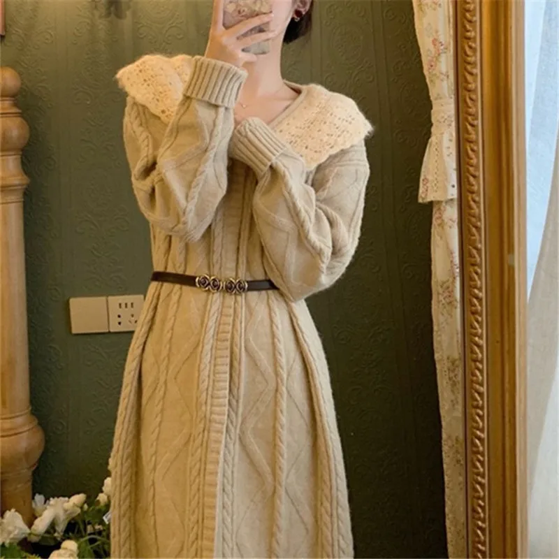 

Women's Autumn Winter Knitted Sweater Dress Female Casual Solid Wrap V-neck Long Sleeve Warm Bodycon Short Dresses CQ377