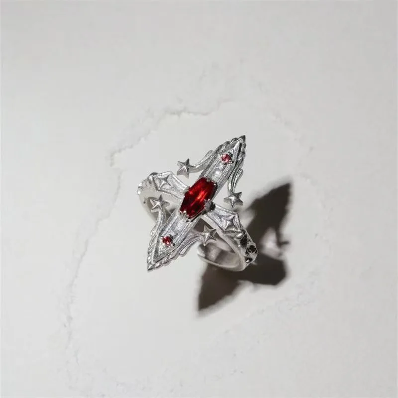 Simulated Ruby Rhinestone Inlaid Cross Star Metal Ring Minimalist Geometric Adjustable Index Finger Unisex Fashion Accessory