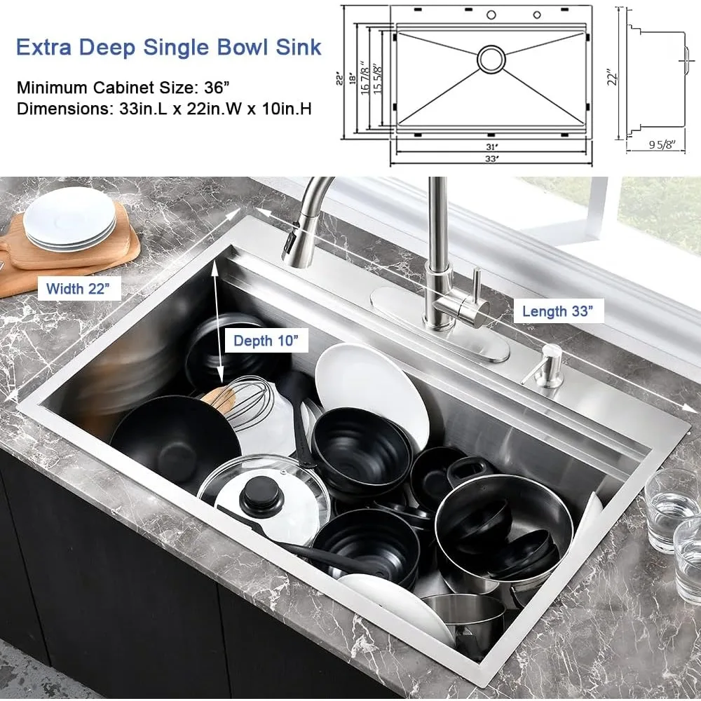 33x22 Inch Kitchen Sink with Cutting Board, Stainless Steel Drop in Sinks, 16 Gauge Single Bowl Deep Kitchen Sink