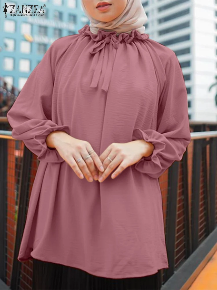 

ZANZEA Women Long Sleeve Shirt Turkey Abaya Isamic Clothing Muslim Blouse Elegant Ruffles Tops Casual Loose Solid Work Blusas