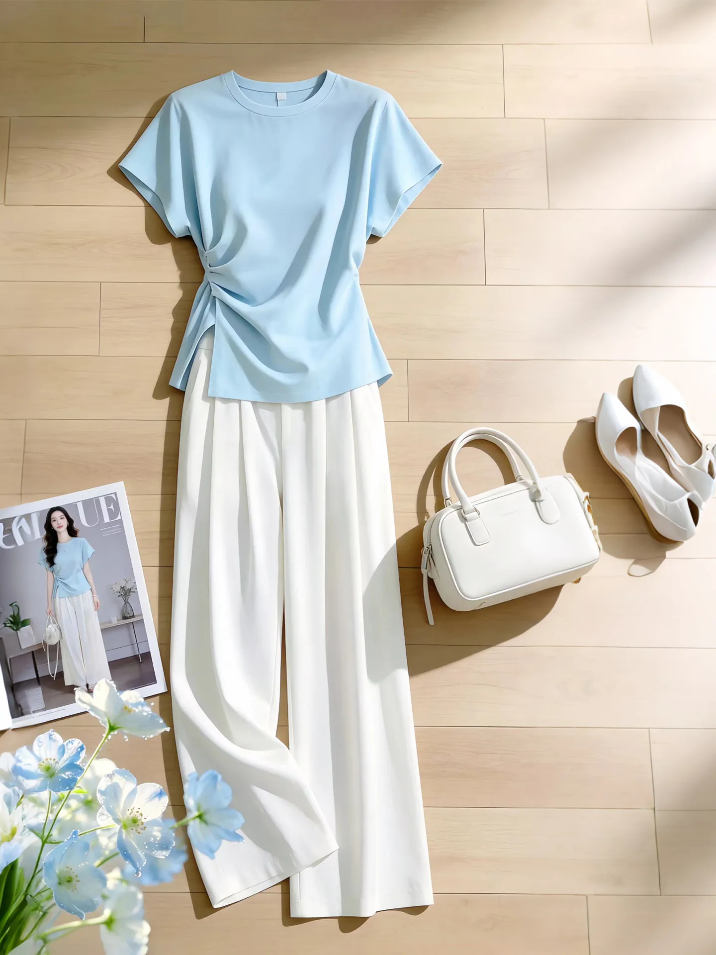 

Summer New Style Women's Fashion Set High Waist Wide Leg Pants Belted Short Sleeve T-Shirt Design Sensation Elegant Casual Ou...