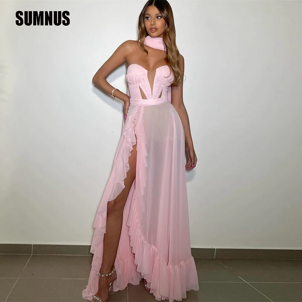 

SUMNUS Pink Chiffon Side Slit Prom Dresses Evening Dress Sleeveless Long Sexy Formal Occasion Night Party Gown Vestidos De Festa