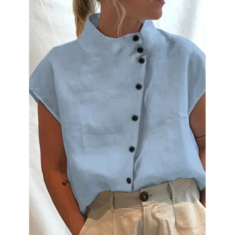 Women Spring Summer Shirt Blouse Button Turtleneck Short Sleeves Solid Color Casual Fashion Comfortale Regular Thin Standard