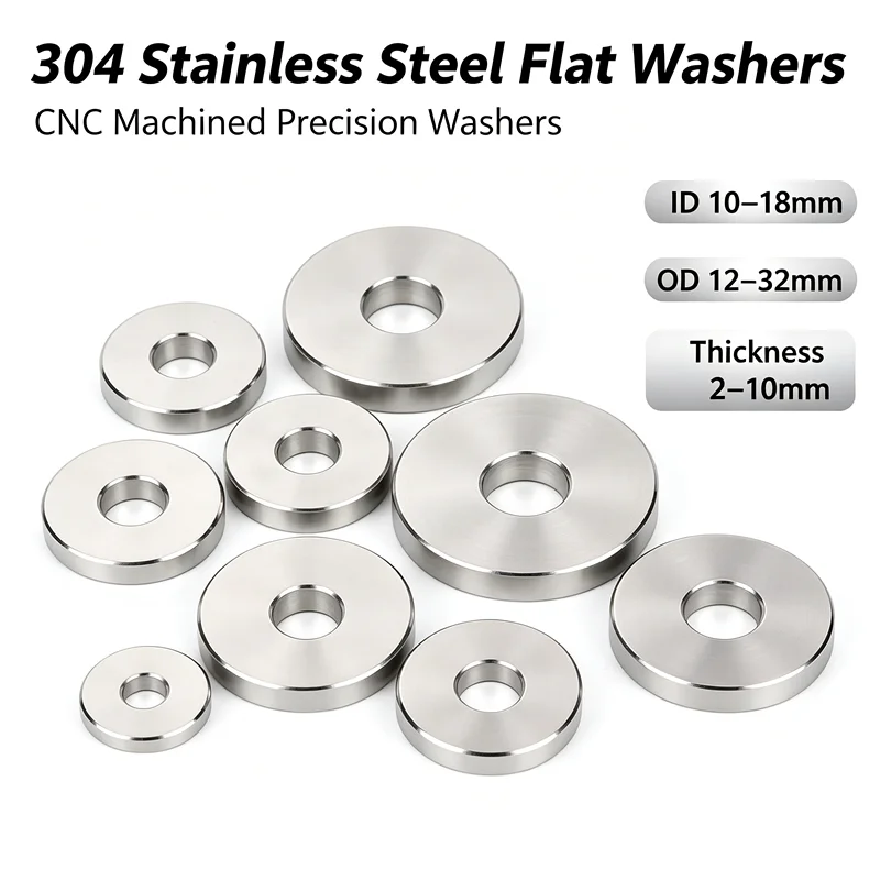 Custom Size 304 Stainless Steel Flat Washers CNC Machined ID10‑18mm OD12‑32mm Thickness2‑10mm