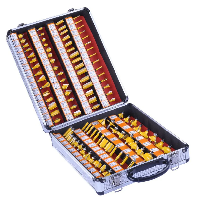 100pcs 1/4 Shank Aluminum case Kit Woodworking Cove Box Chamfer Flute Straight V Grooving Router Bits Wood Milling Cutter