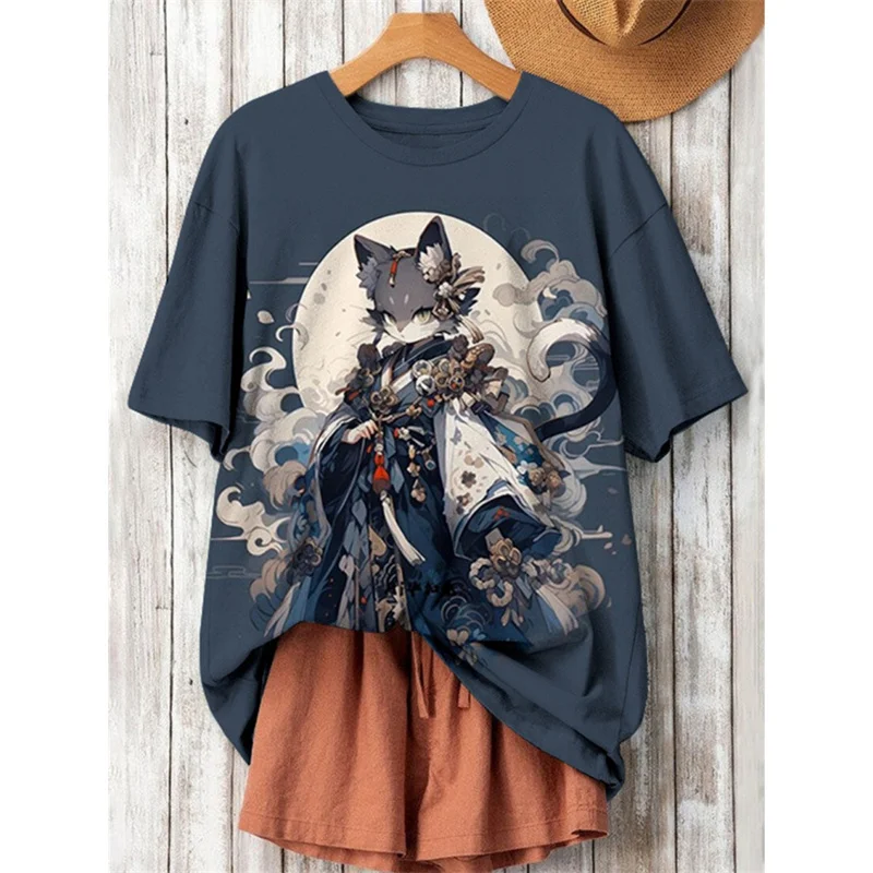 เสื้อยืดลำลองคอโอไซส์ใหญ่ สไตล์ฮาราจูกุ ลายการ์ตูนญี่ปุ่น 3 มิติ แฟชั่นแมว สำหรับผู้หญิง แขนสั้น
