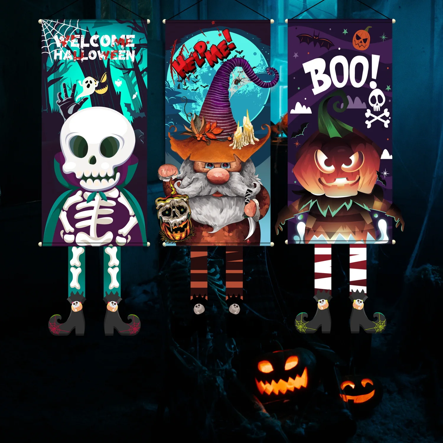 Halloween Decorations Dwarf Pumpkin Skeleton Door Hanging Ghost Festival Painting Cartoon Anime Poster Wall Room Home Decor