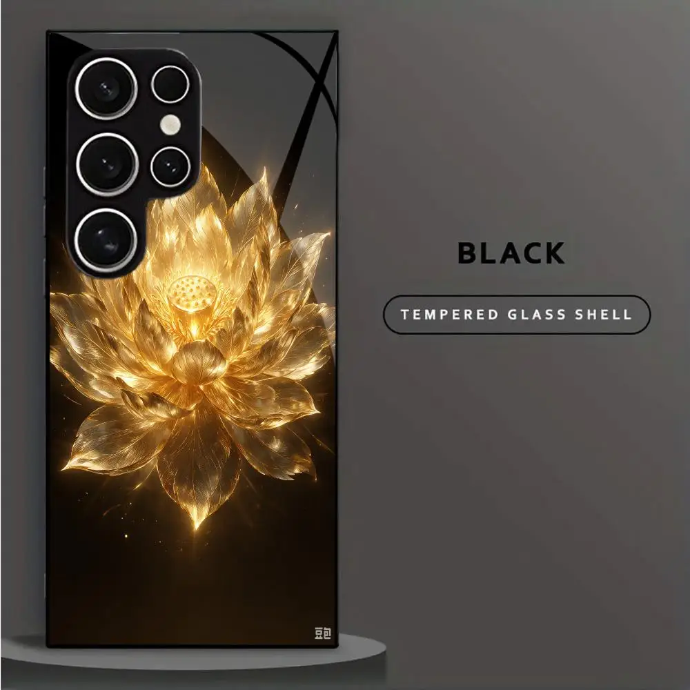 Luxury Golden Glowing Lotus glass phone case Shockproof All-Protect cover for Samsung Galaxy S26/25/24/23 /22/21/Ultra/FE/5G