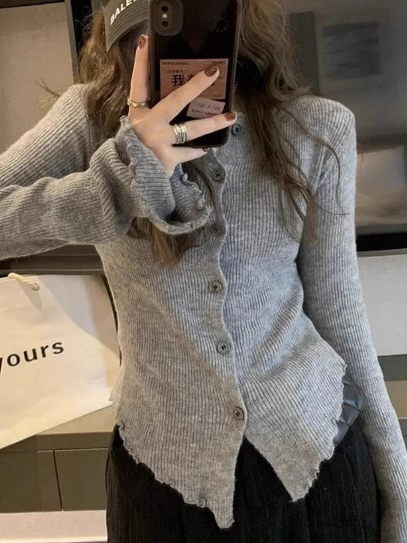 Koreański Deeptown Y2k szary Vintage damski sweter z dzianiny Harajuku sweter z długim rękawem nieregularne modne wąskie koszulki Casual jesień