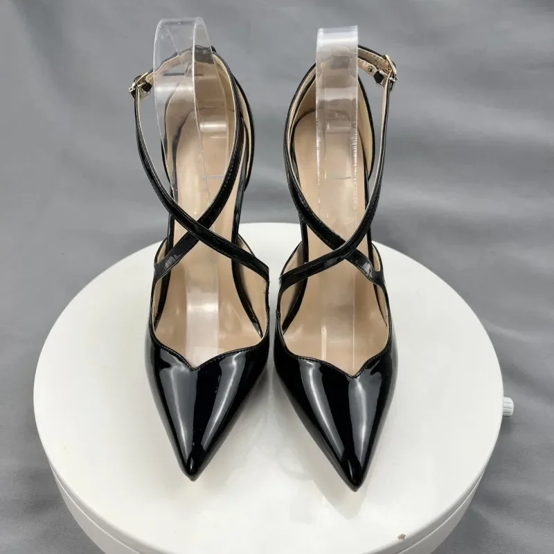 Tikicup Glossy Black Cross Strap Women Pointy Toe High Heels Designer Chic Front V Cut Stiletto Pumps for office &Party Wedding