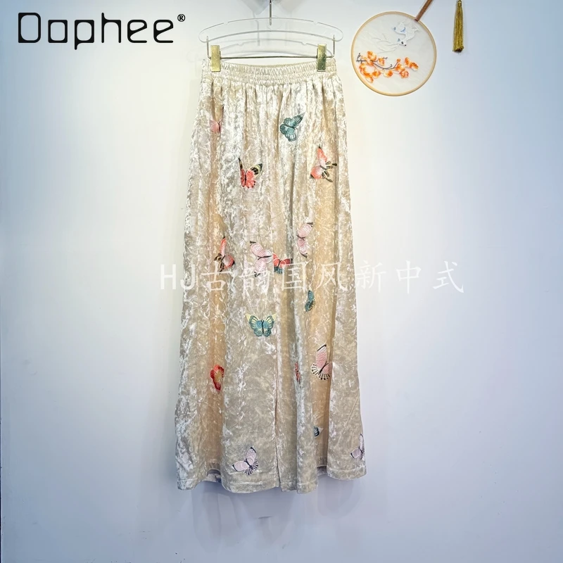 New Chinese Style Elastic Waist Heavy Embroidery Butterfly Velvet Wide Leg Pants Winter New Elegant Temperament Straight Pants