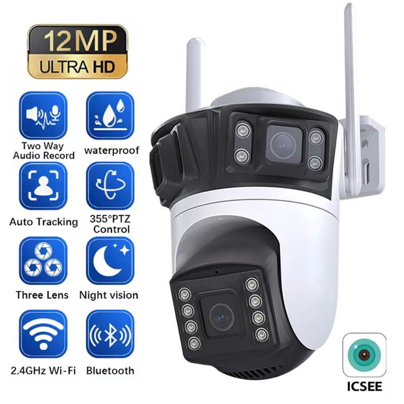 12MP WiFi IP Camera Outdoor Triple Lens Three Screen Security PTZ Surveillanc Camera AI Human Tracking CCTV Cam ICESS APP
