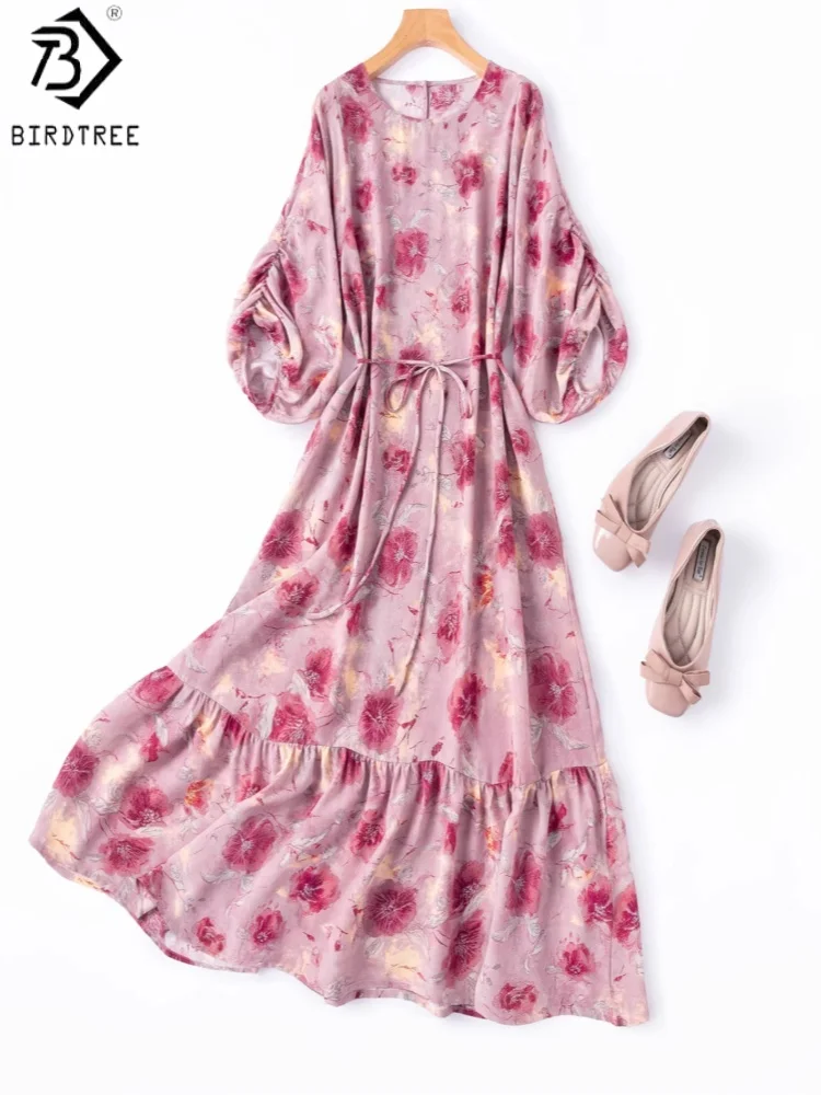 

BirdTree, 100% Silk Printed Dress, Lantern Sleeve O-neck, Women's Double Crepe Sash Vacation Dresses, 2026 Spring New D64137JF