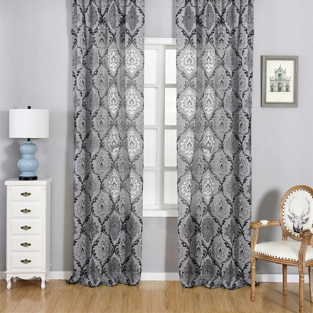 Grauer Jacquard-Vorhang im europäischen Stil für Wohnzimmer, Retro-Stil, durchscheinende Fenstervorhänge, Heimdekoration, 1 Stück
