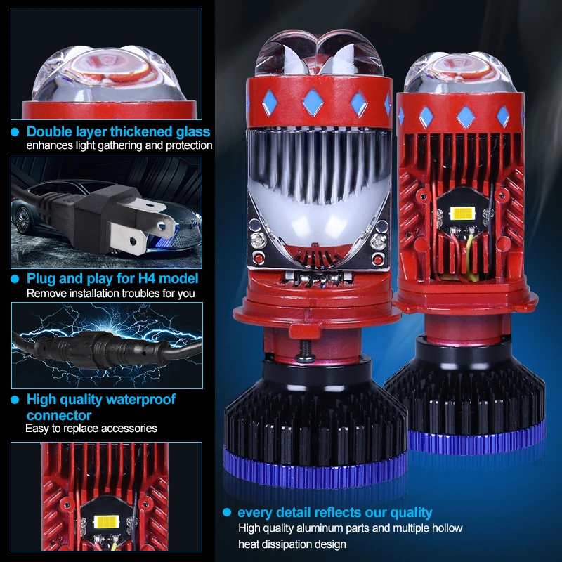 CAMOTO H4 LED Projector Mini Lens Auto H4 LED Headlight Bulbs Kit Conversion High Beam Low Beam 140W Turbo Fan Car Light Lamp