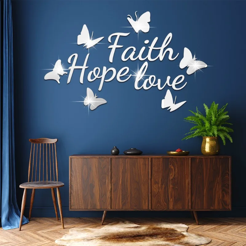 

New Faith Hope Love English Letter Acrylic with 6pcs Butterfly Mirror Stickers Home Wall Stickers Living Room Decoration