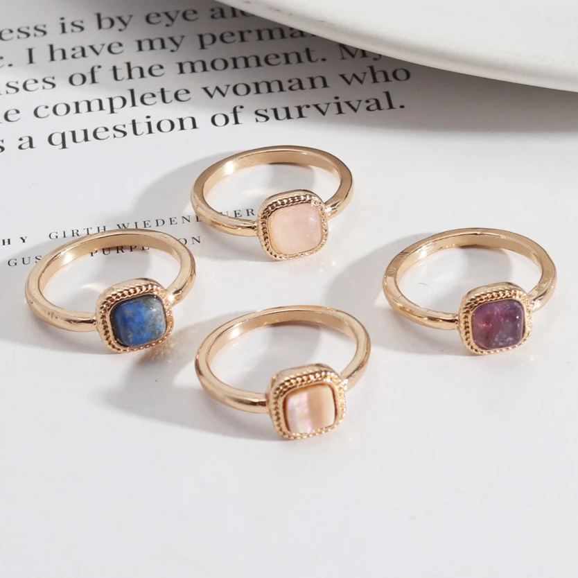 Elegant Mini Square Pink Blue Natural Stone Inlaid with Gold Alloy Metal Texture Versatile Simple Fashion Ring for Women