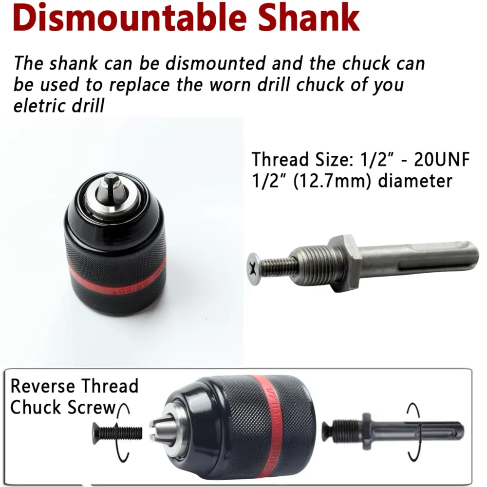 1/2-20UNF 10mm 13mm Metal Drill Chuck Keyless Metal Heavy Duty Self-tighten Electric Drill Bit with Hex Shank/SDS Power Drill